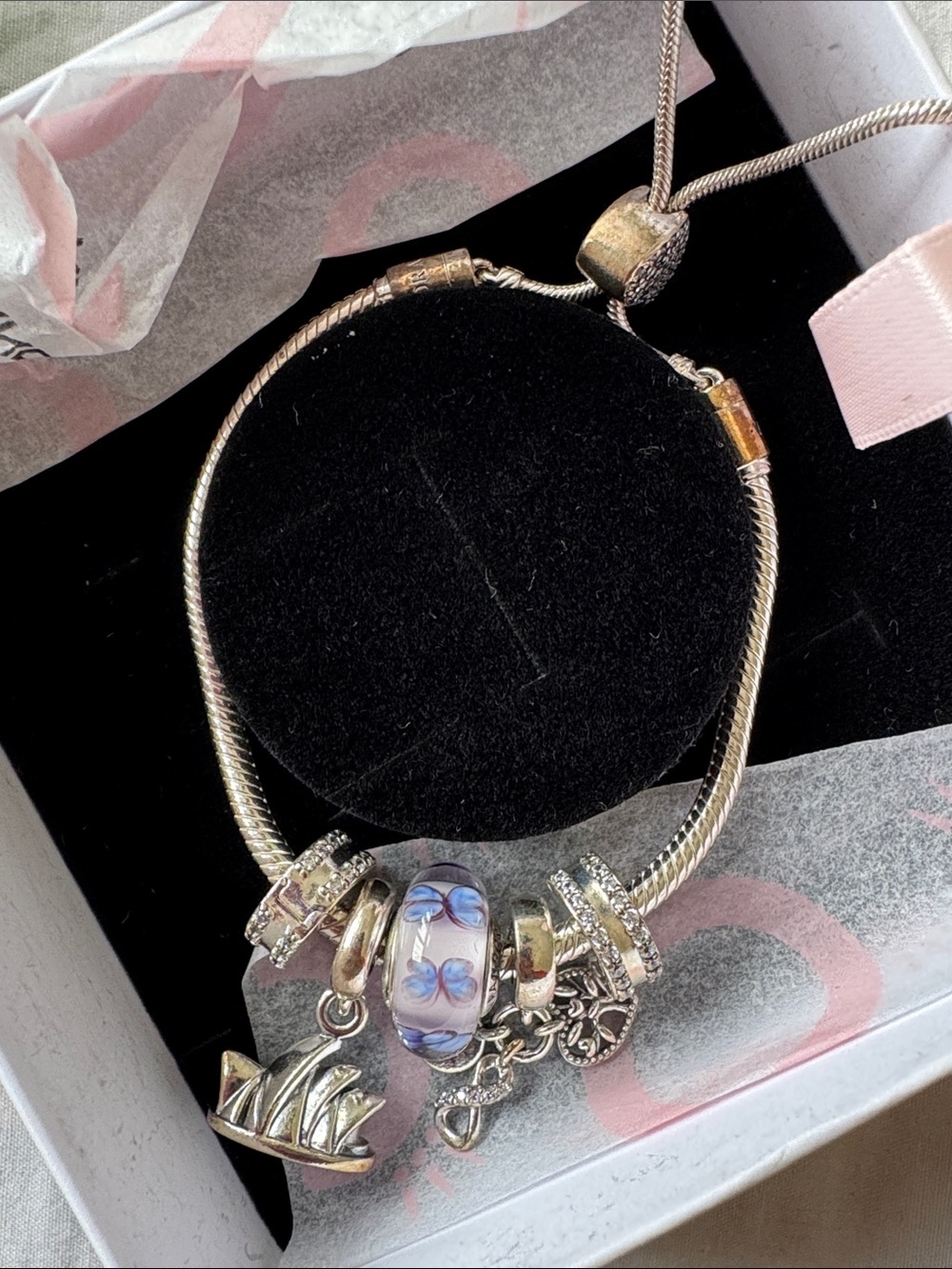 Pandora Charm Bracelet with Purple Floral Glass Bead